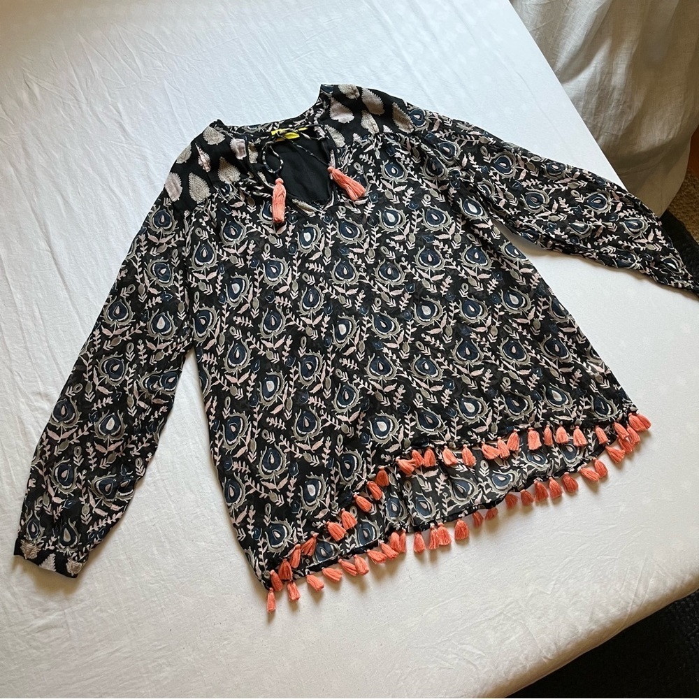 Roller Rabbit black sheer floral tassel trim long sleeve blouse